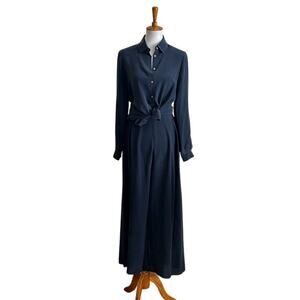 Stefanel Italy 100% Silk Navy Blouse & Wide Leg Trouser Set Size Small